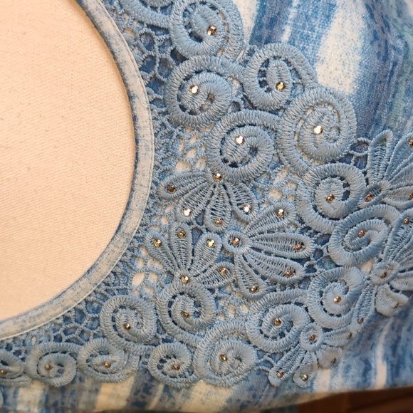 erika BLUE Tie Dye Stripe COASTAL Burnout Lace Bling Tshirt - Picture 3 of 10